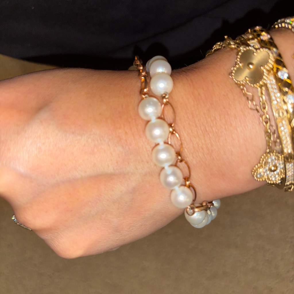Rose Gold Over Sterling Cable Chain Bracelet White Round Pearls Toggle Clasp